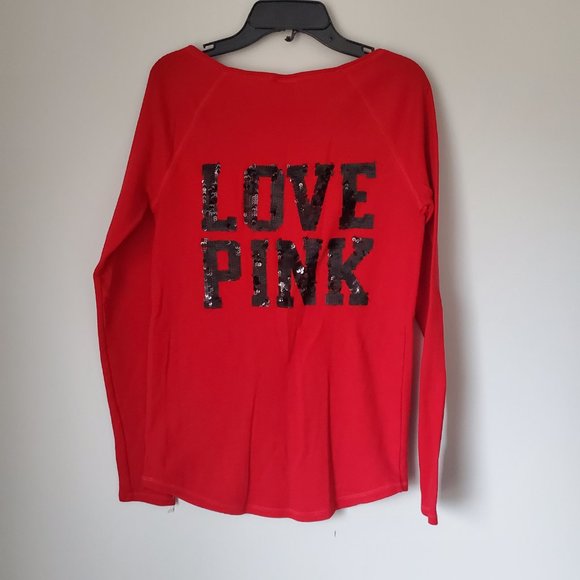 LOVE PINK Red Henley Short Top Jersey Knit Black Sequins Mini Waffle Layering - Picture 3 of 7